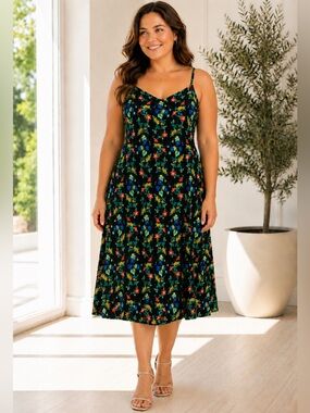 Old Navy Black Floral Midi Dress with Multicolor Blooms, Petite L
